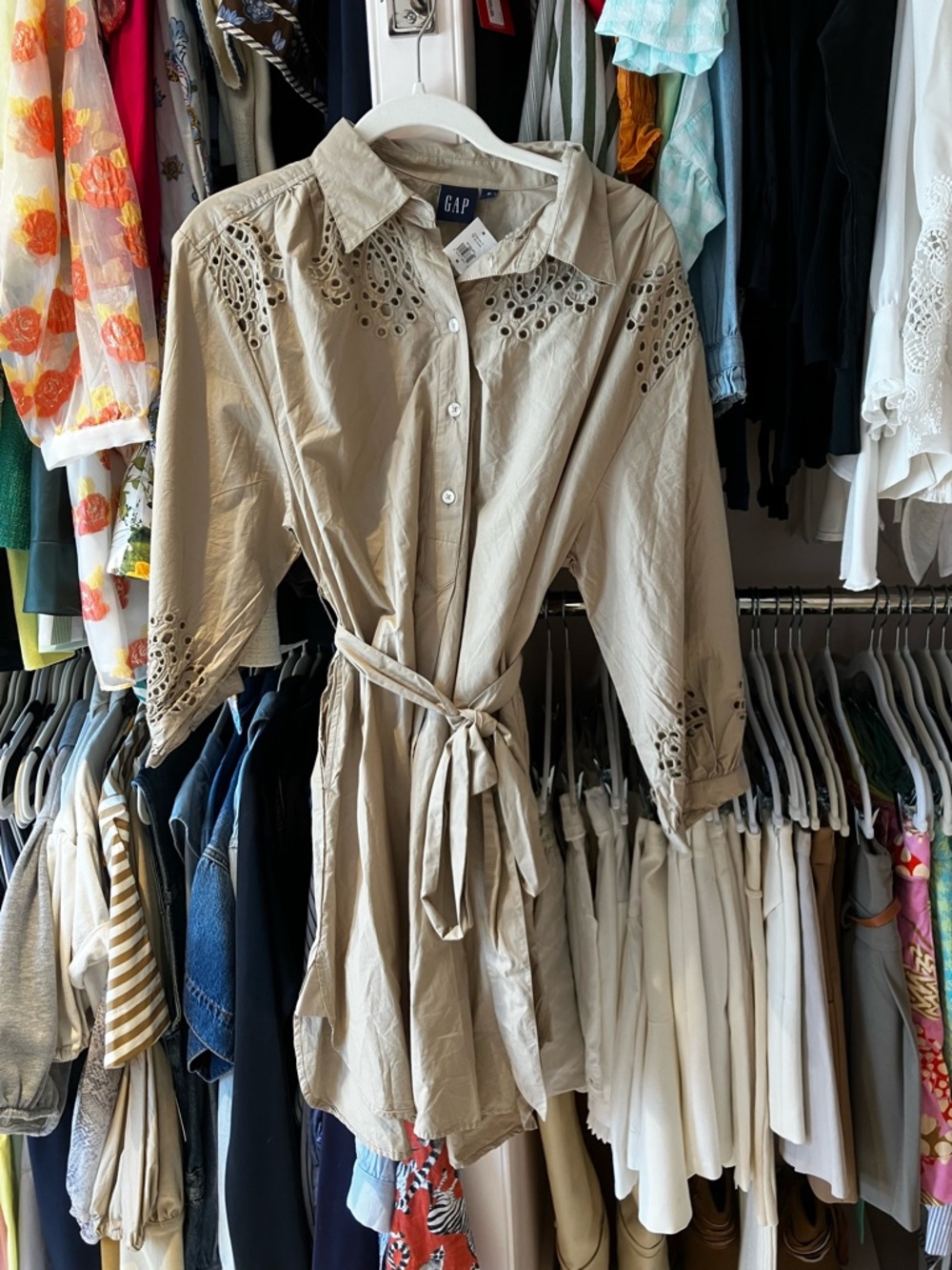 GAP Khaki Eyelet Tie-Waist Shirt Dress